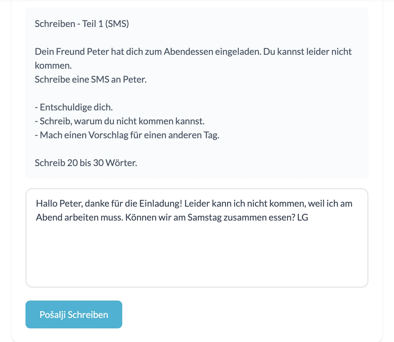 Vežba pisanja - zadatak za pisanje SMS poruke na nemačkom sa poljem za odgovor